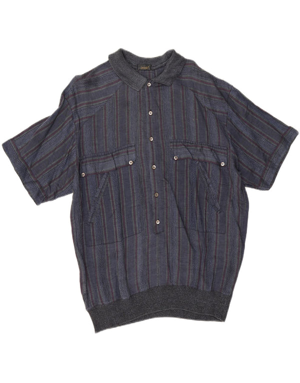 Vintage Mens Short Sleeve Pullover Shirt IT 50 Medium Navy Blue Striped