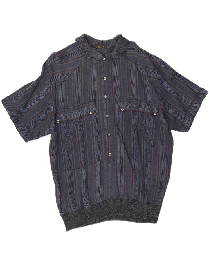 Camicia pullover vintage da uomo a maniche corte IT 50 medio a righe blu navy