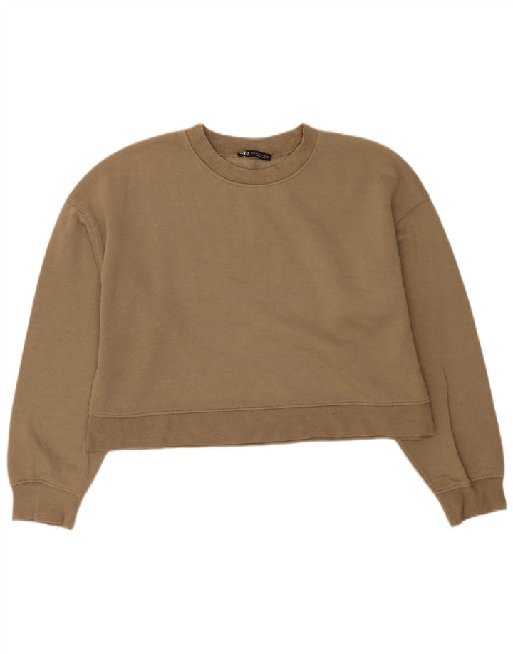 Felpa corta da donna Zara, maglione UK 14, cotone beige medio