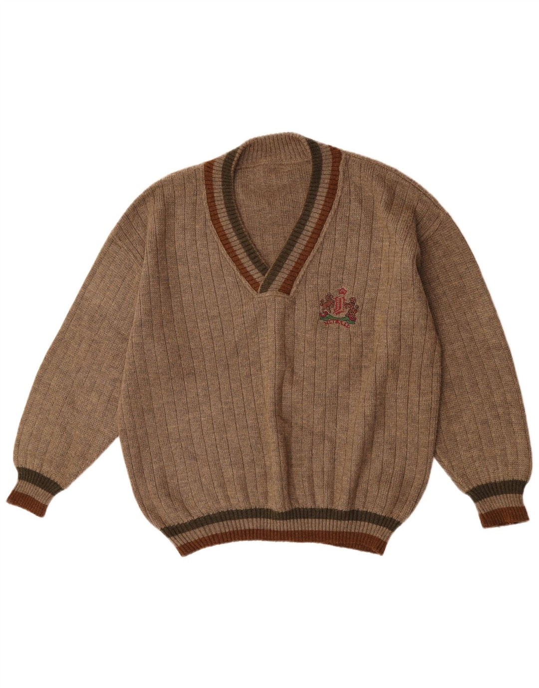 Vintage Mens V-Neck Jumper Sweater XL Beige Wool
