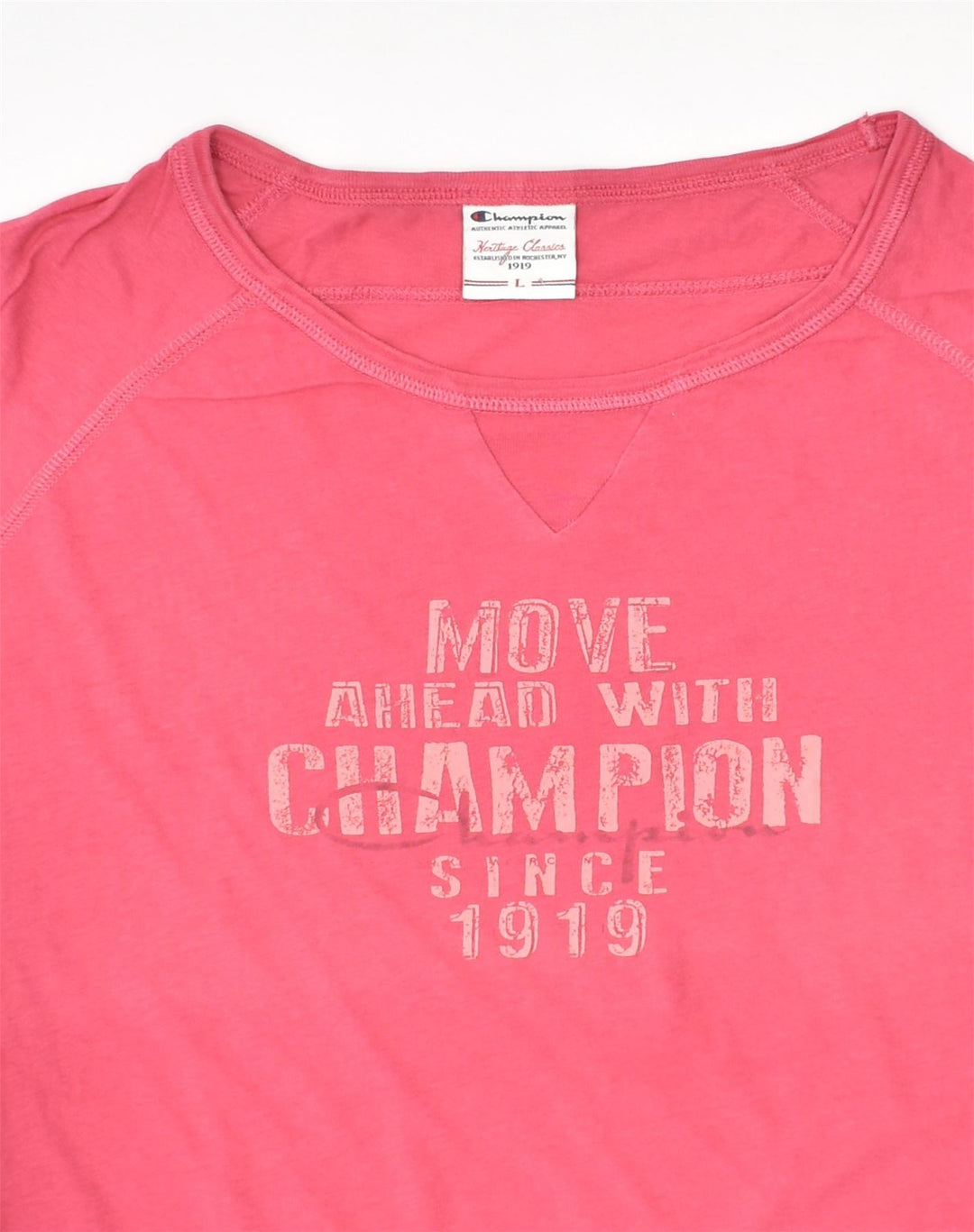 CHAMPION Womens Graphic T-Shirt Top UK 16 Large Pink Cotton | Vintage Champion | Thrift | Second-Hand Champion | Used Clothing | Messina Hembry 
