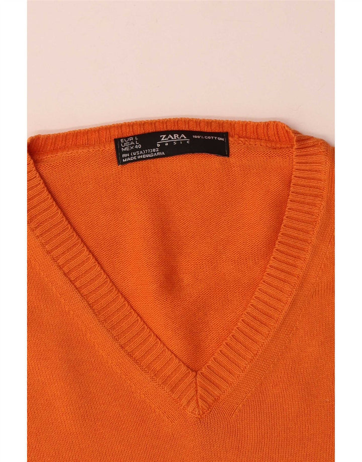 Zara Mens V-Neck Jumper Sweater Large Orange Cotton