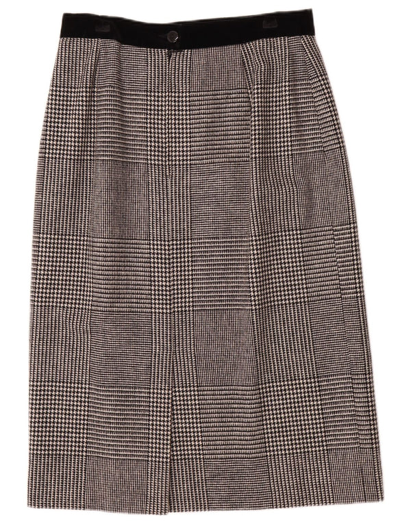 Saia midi feminina Louis Feraud UK 16 grande W30 cinza houndstooth lã