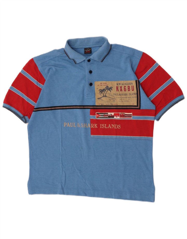Paul & Shark Mens Graphic Polo Shirt Medium Blue Colourblock Cotton