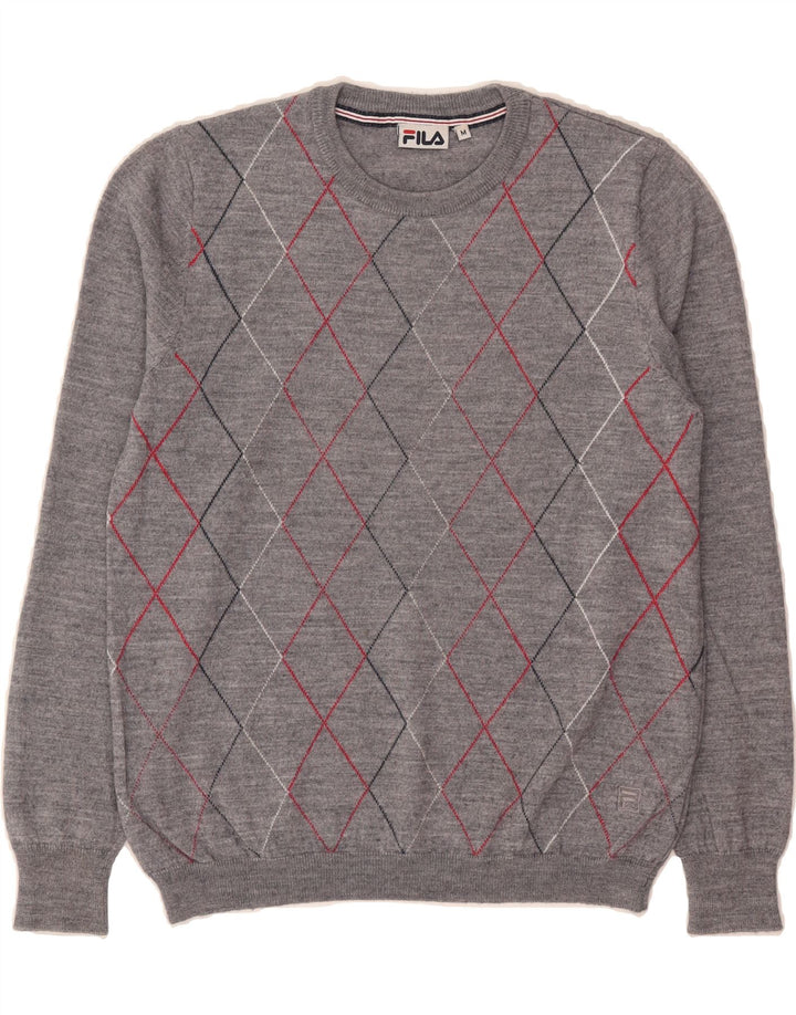 FILA Womens Crew Neck Jumper Sweater UK 14 Medium Grey Argyle/Diamond Wool Vintage Fila and Second-Hand Fila from Messina Hembry 