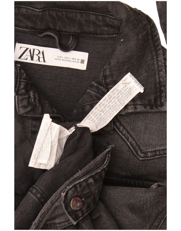 Zara Womens Crop Denim Jacket UK 16 Large Black Cotton