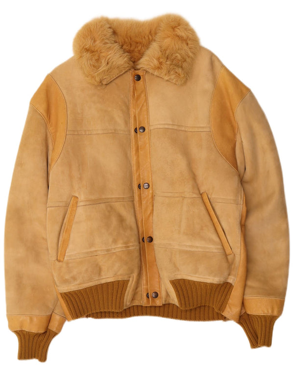 vintage Mens Bomber Shearling Jacket UK 38 Beige Moyen