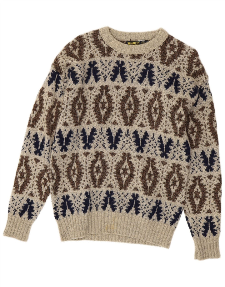 Osh Kosh Mens Boat Neck Jumper Sweater Large Grey Fair Isle Wool