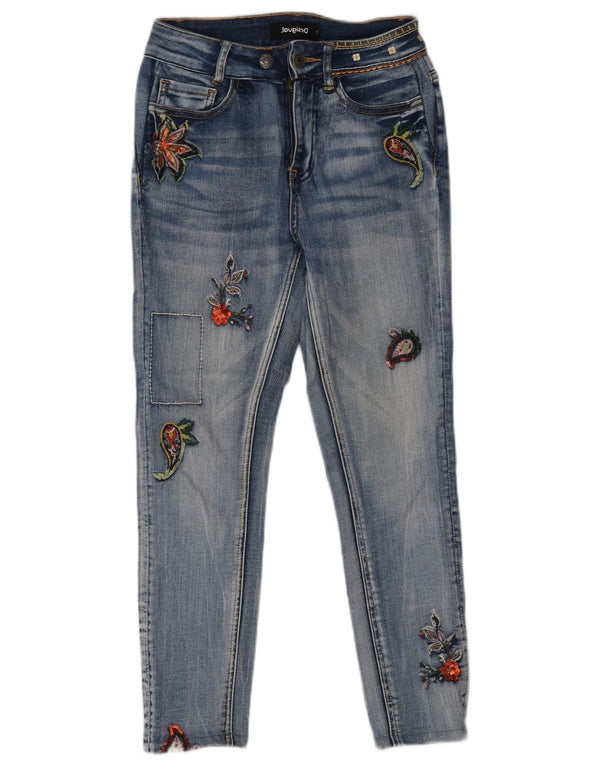 Desigual Womens Graphic Slim Jeans W24 L24 Blue Floral Cotton