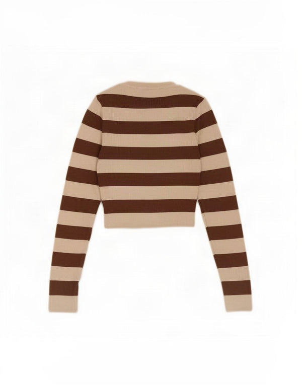 Zara Womens Crop Top Long Sleeve UK 8 Small Brown Striped Viscose