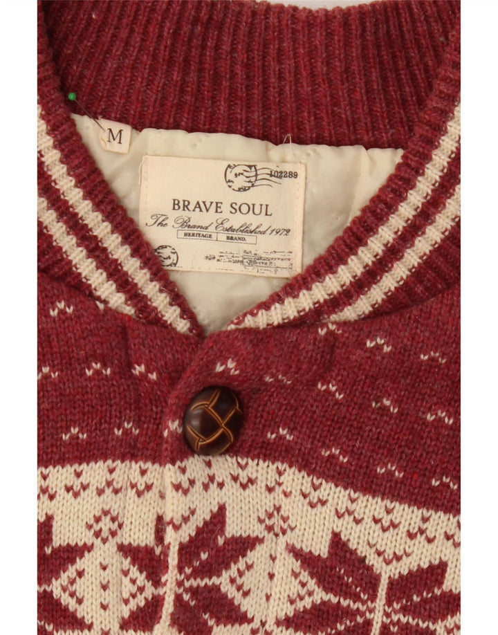 BRAVE SOUL Mens Cardigan Sweater Medium Burgundy Fair Isle Polyester Vintage Brave Soul and Second-Hand Brave Soul from Messina Hembry 