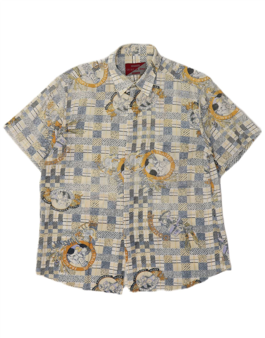 Camisa de manga corta con gráfico vintage para hombre a cuadros azul medio
