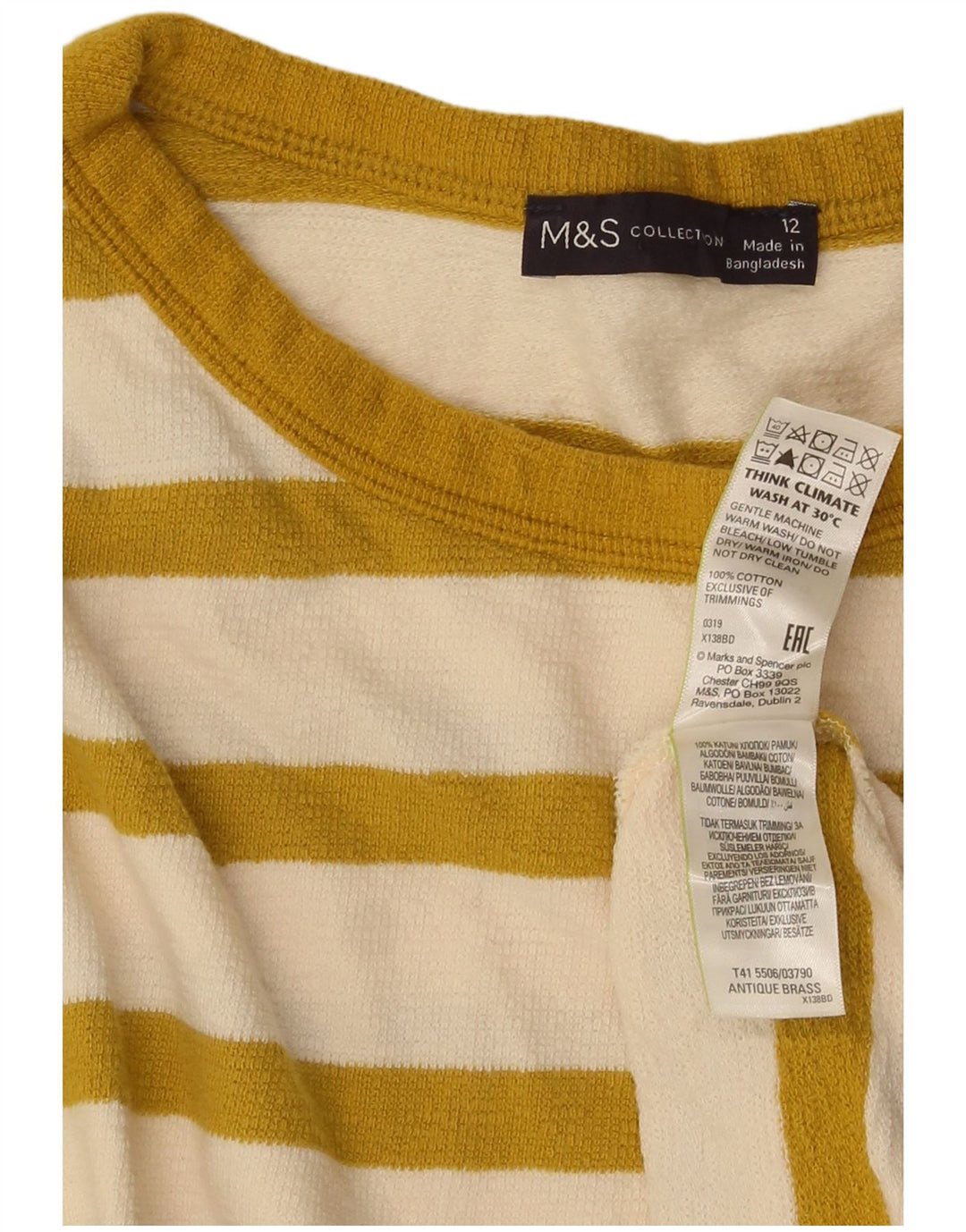Marks & Spencer Womens Top Long Sleeve UK 12 Medium Yellow Striped Cotton