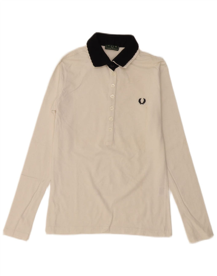 Fred Perry Womens Long Sleeve Polo Shirt UK 12 Medium White Cotton