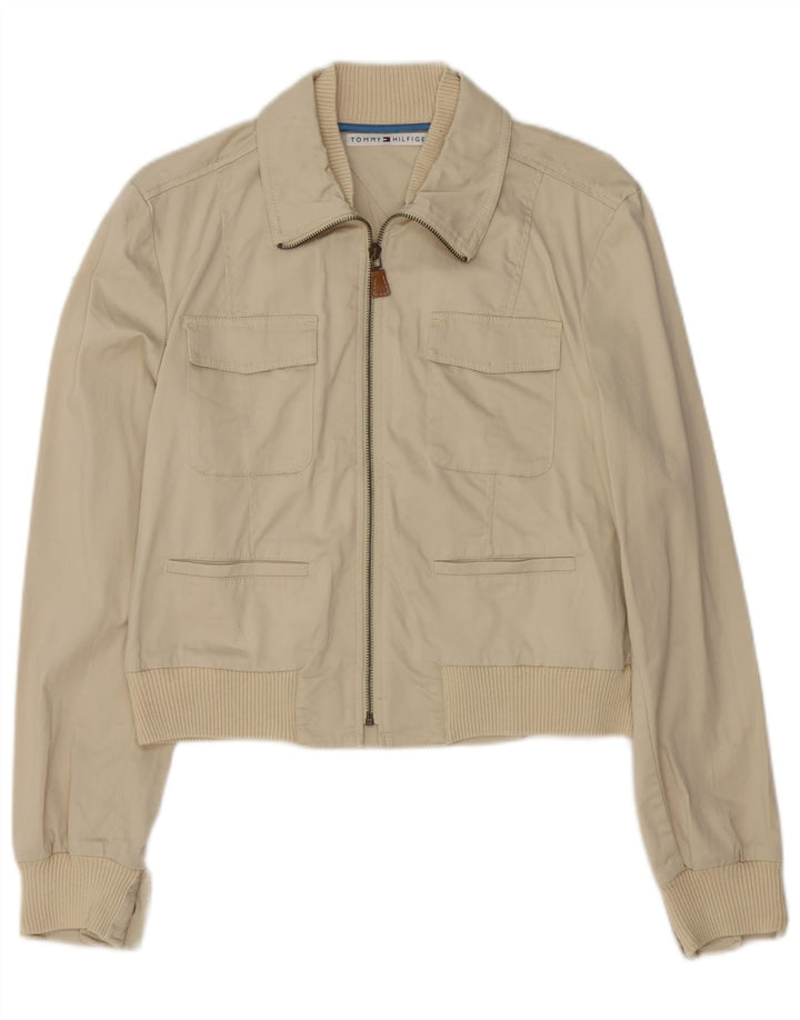 Tommy Hilfiger Womens Crop Bomber Jacket UK 16 Large Beige Cotton