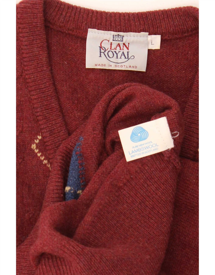 Clan Royal Herren-Pullover mit V-Ausschnitt, groß, rote Argyle-/Diamant-Lammwolle