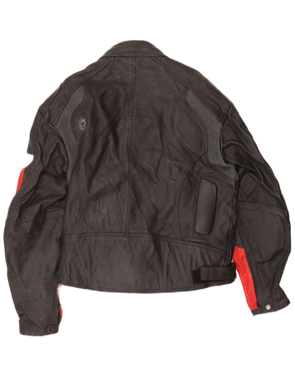 Vintage Dame Læder Racer Jacket UK 14 3XL Sort Farveblok