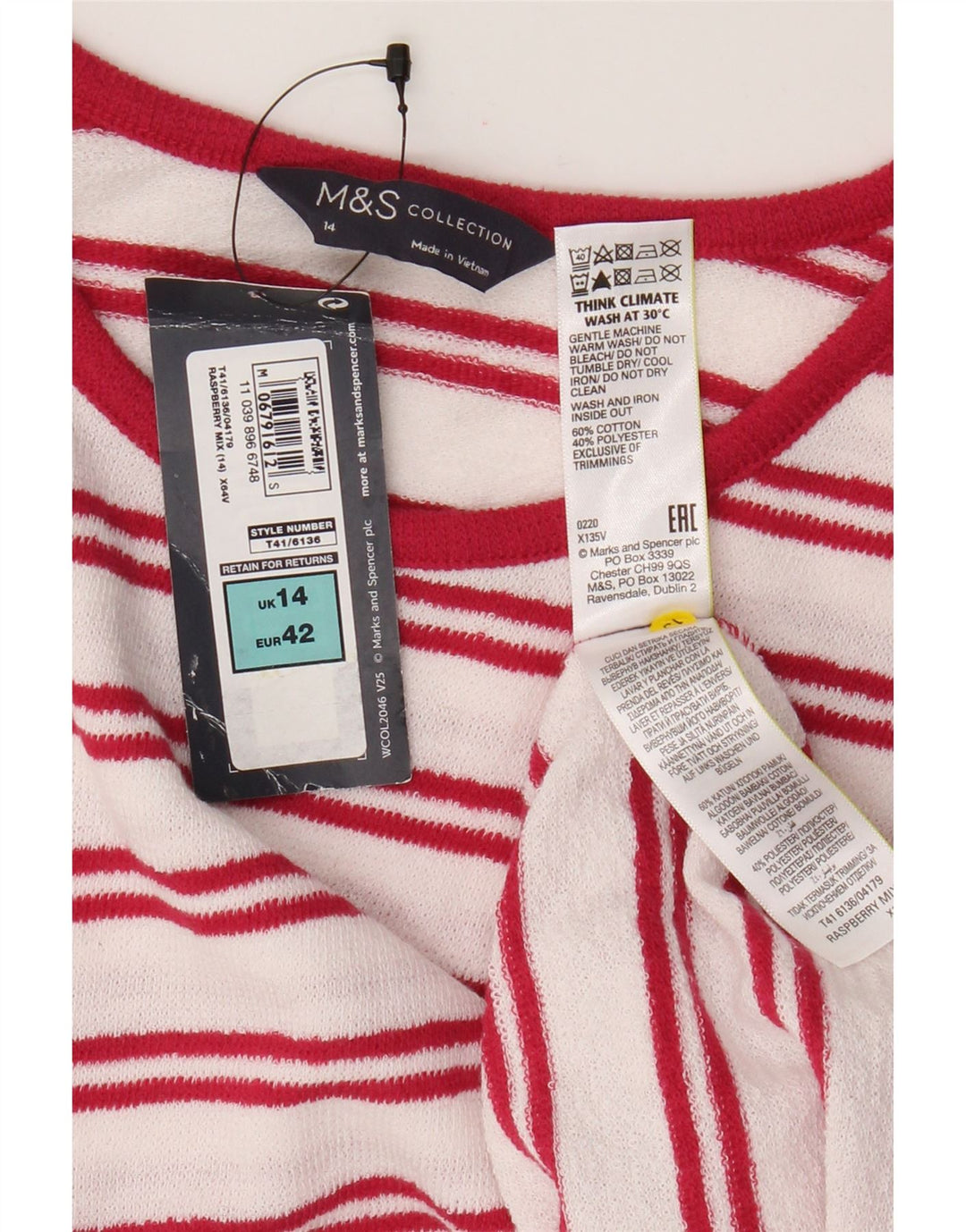 Marks & Spencer Womens Vest Top UK 14 Large White Striped Cotton