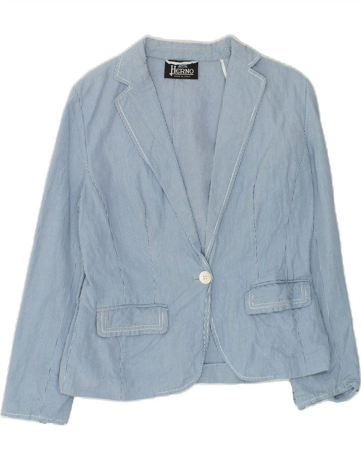 HERNO Womens 1 Button Blazer Jacket IT 48 XL Blue Pinstripe Cotton | Vintage Herno | Thrift | Second-Hand Herno | Used Clothing | Messina Hembry 