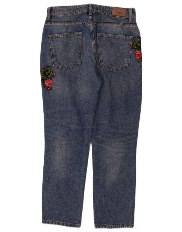 Zara Damen Distressed Straight Jeans EU 36 XS W26 L29 Blau geblümte Baumwolle