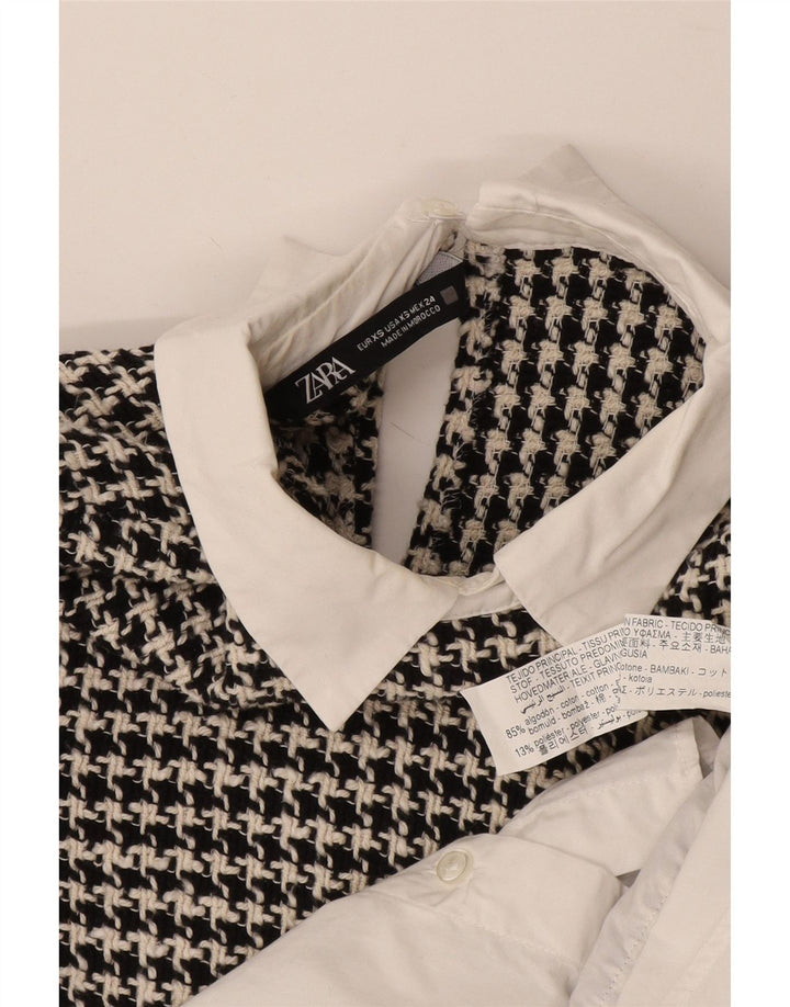 Zara Womens Long Sleeve Oversized Blouse Top UK 6 XS White Houndstooth