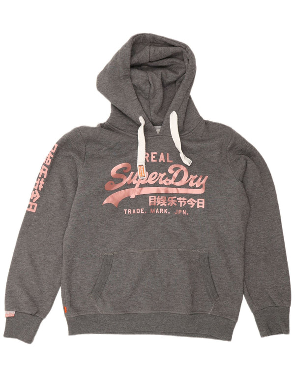 Felpa con cappuccio grafica da donna Superdry UK 16 grande cotone chiazzato grigio