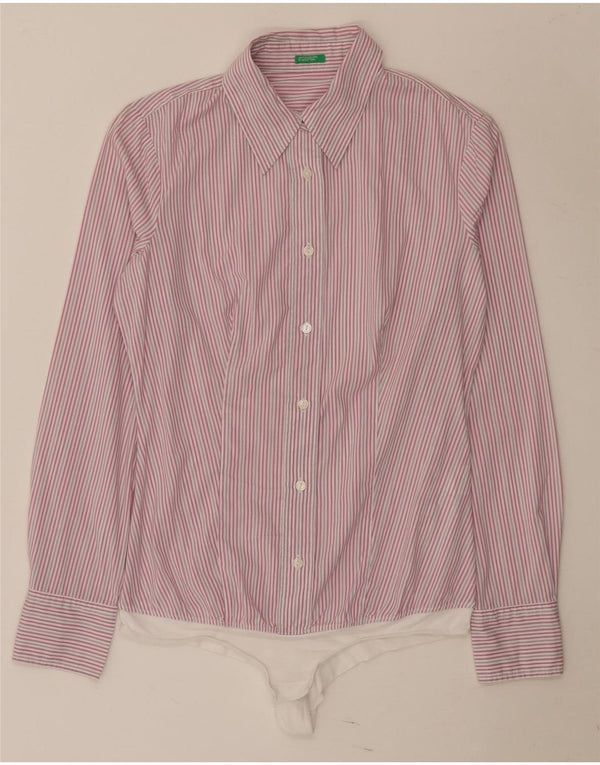 Benetton Womens Shirt Bodysuit UK 12 Medium Pink Nålestribet bomuld