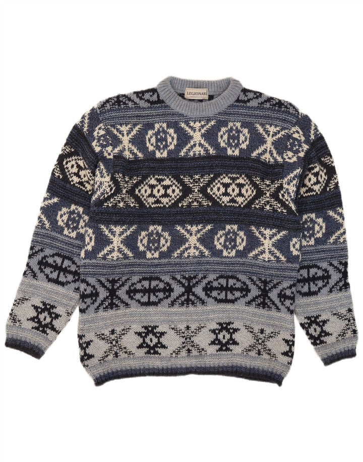 Vintage Mens Crew Neck Jumper Sweater IT 48 Medium Blue Fair Isle Wool