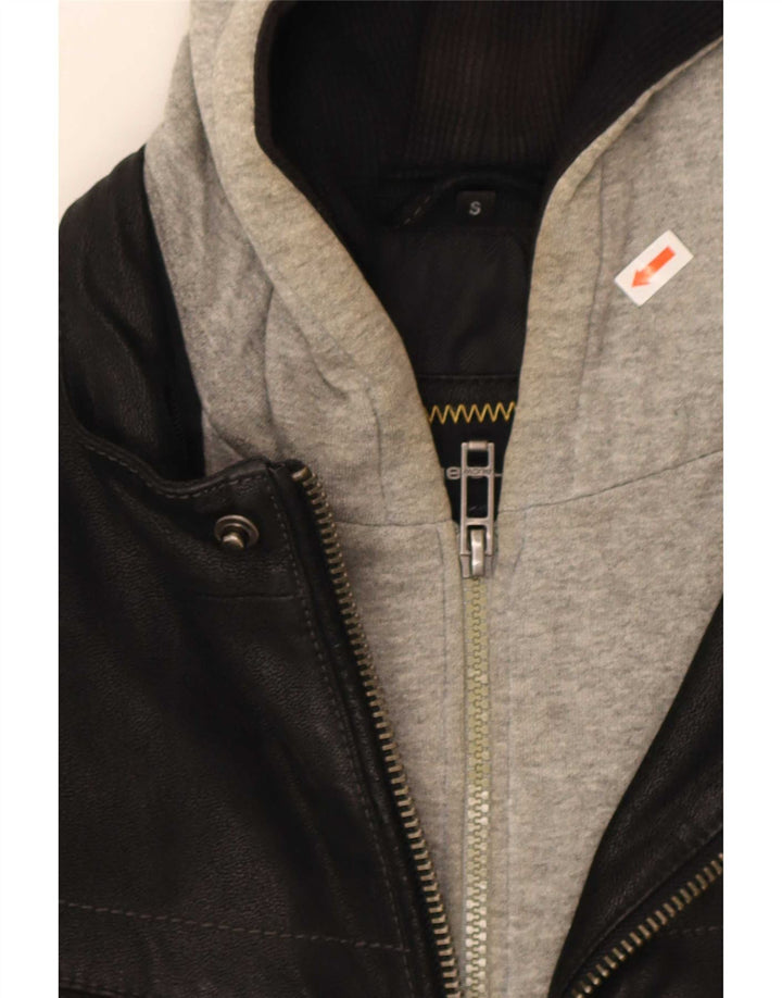 Angelo Litrico Mens Hooded Leather Jacket UK 36 Small Black Colourblock