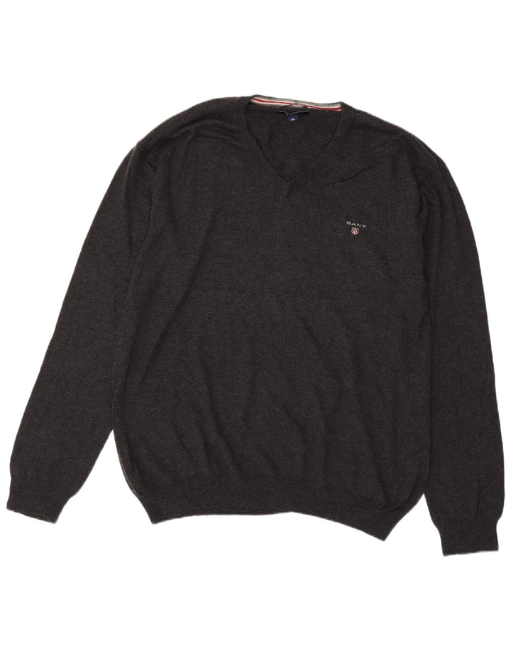 Gant Mens V-Neck Jumper Sweater 2XL Grey Cotton