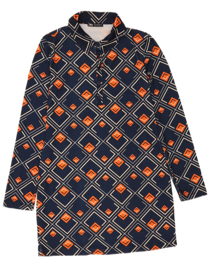 Zara Dame Pullover Shirt Dress UK 12 Medium Navy Blue Geometric