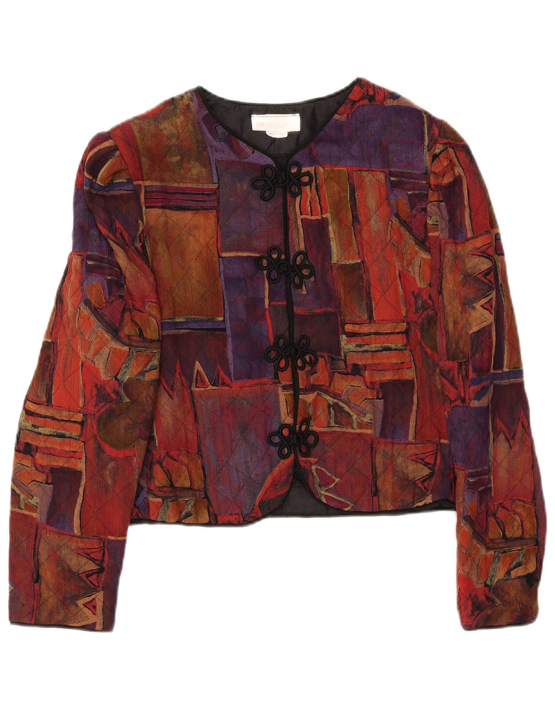 Giacca blazer corta da donna VINTAGE US 10 grande geometrica multicolore