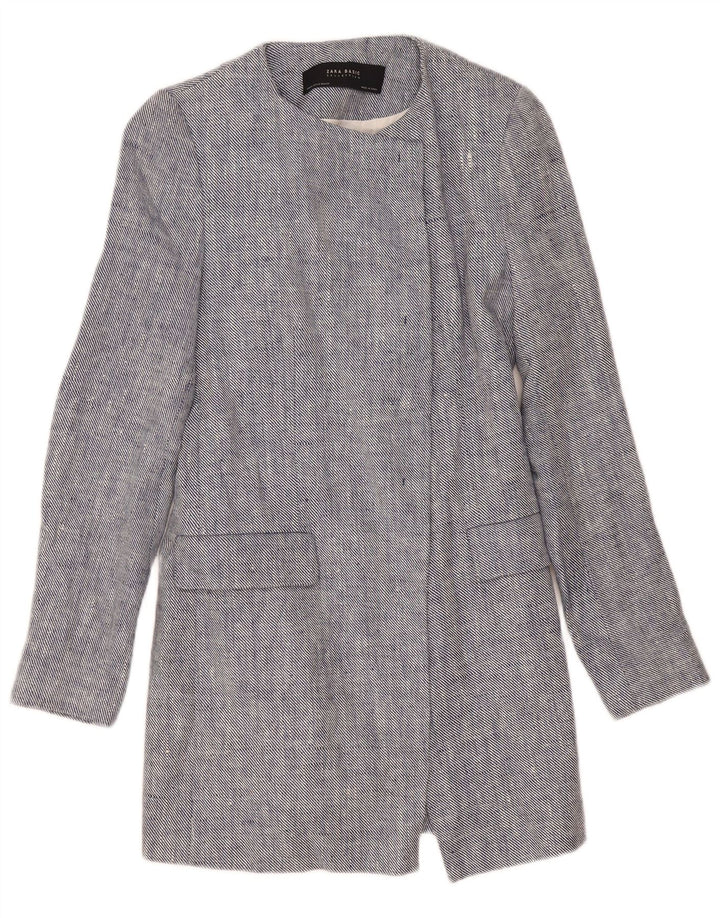 Giacca blazer aperta lunga da donna Zara UK 12 Lino blu medio