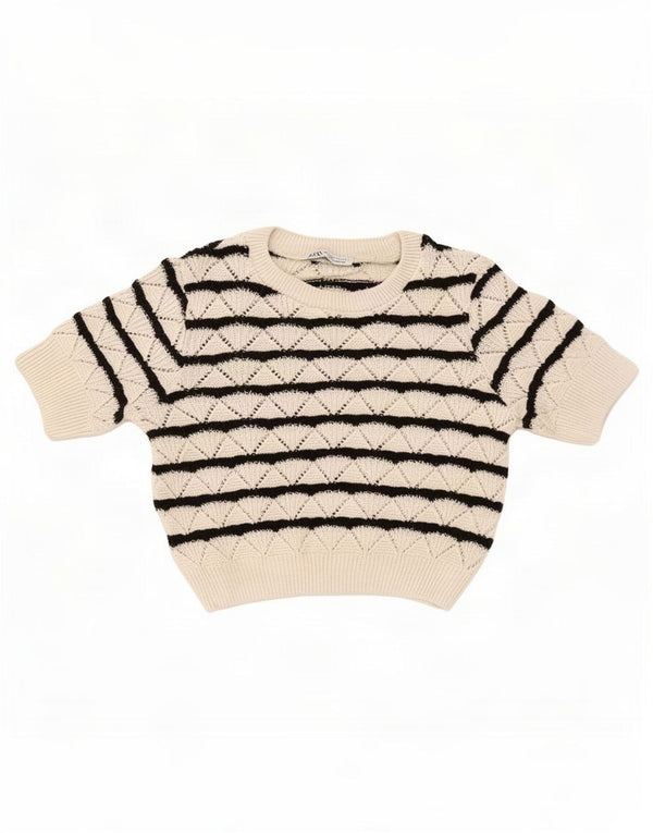 Zara Mujer Crop Boat Neck Jumper Sweater UK 8 Small Beige Rayas