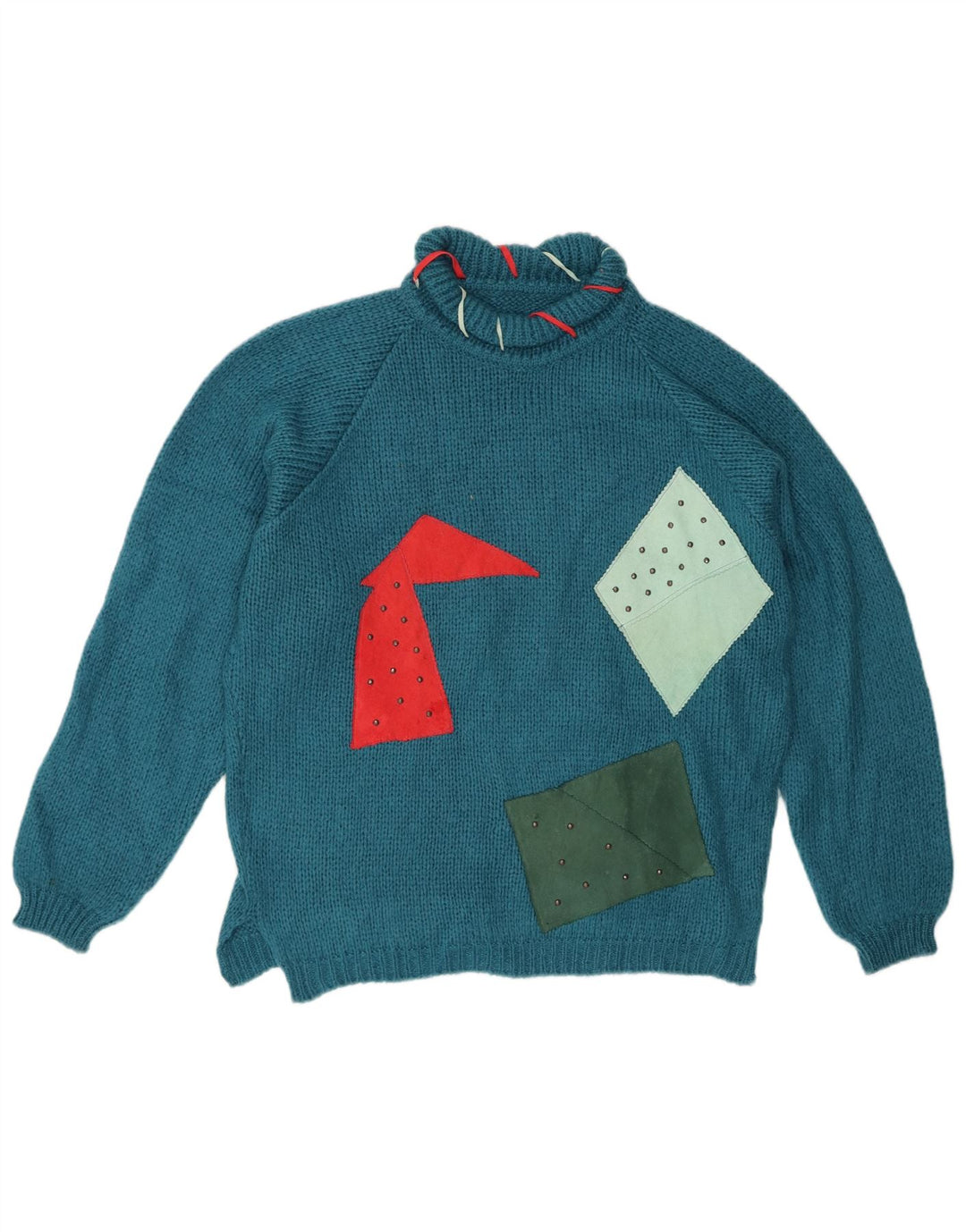 VINTAGE Womens Roll Neck Jumper Sweater UK 18 XL Blue Patchwork