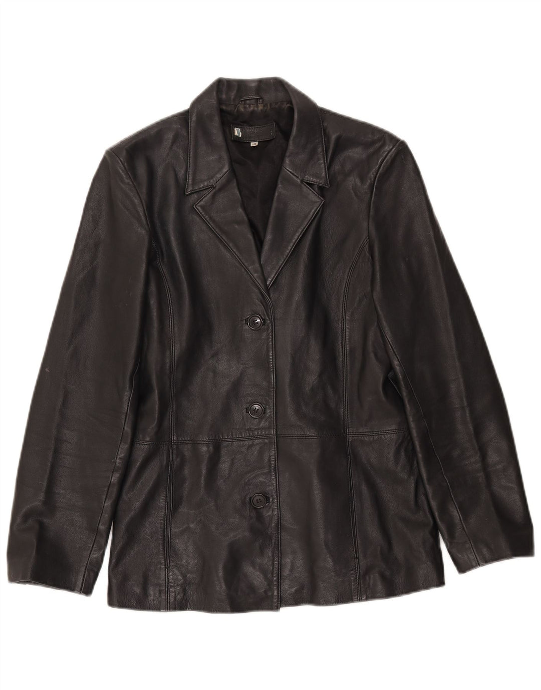 Vintage Damen 3 Knopf Leder Blazer Jacke UK 14 Großes schwarzes Leder