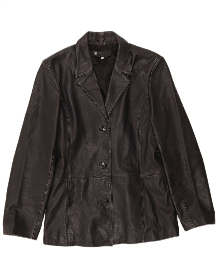 Vintage Damen 3 Knopf Leder Blazer Jacke UK 14 Großes schwarzes Leder