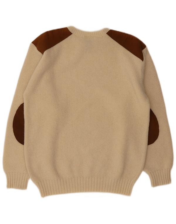 Vintage Mens Crew Neck Jumper Sweater Medium Beige Colourblock Wool