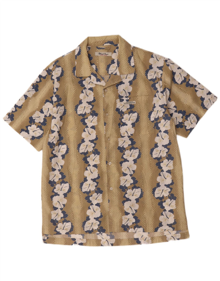 Vintage Mens Hawaiian Short Sleeve Shirt Medium Beige Floral Polyester