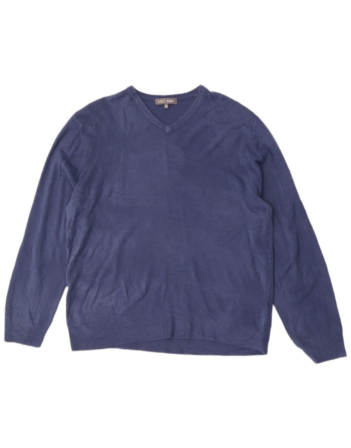 MARKS & SPENCER Mens V-Neck Jumper Sweater 2XL Blue Acrylic