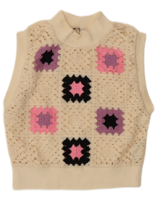 Zara Mujer Chaleco Tank Top Reino Unido 12 Medio Blanco Roto Acrílico Geométrico