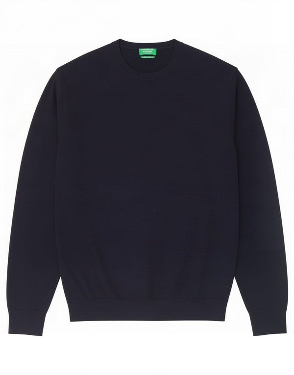 Benetton Mens Crew Neck Jumper Sweater Medium Navy Blue Virgin Wool