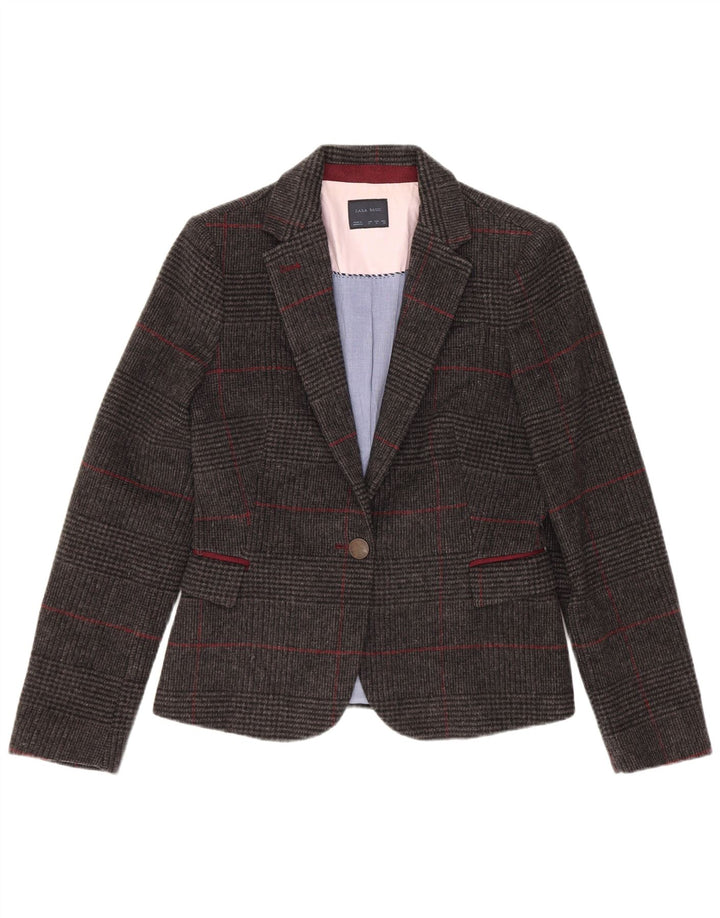 Zara Γυναικείο σακάκι 1 κουμπιού blazer UK 10 μικρό γκρι μαλλί Houndstooth