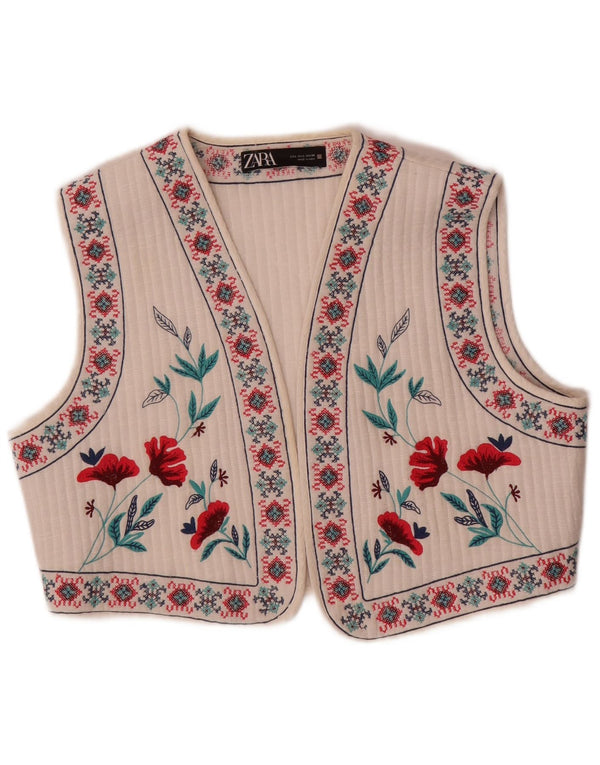 Zara Womens Crop Waistcoat UK 16 Large White Floral Ethnic