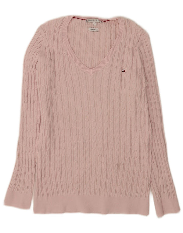 Tommy Hilfiger Womens V-Neck Jumper Sweater UK 14 Large Pink Cotton