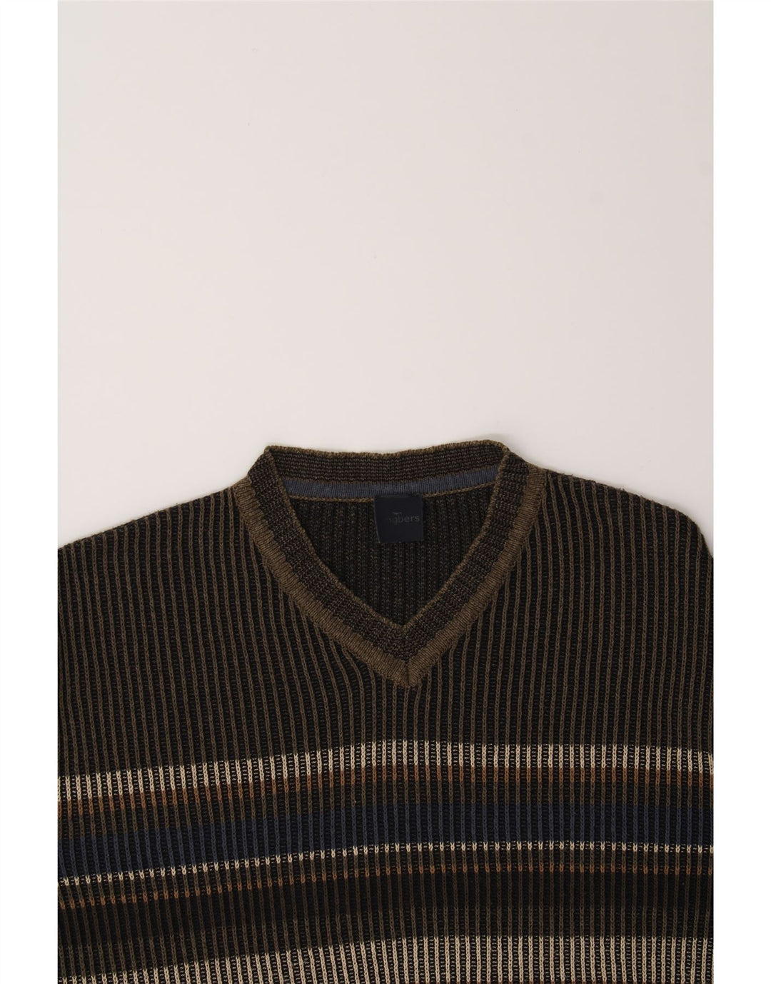 ENGBERS Mens V-Neck Jumper Sweater Large Brown Striped Cotton