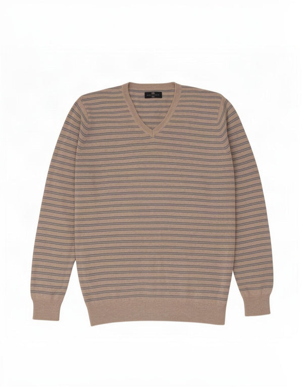 Marks & Spencer Mens Blue Harbour V-Neck Jumper Sweater Large Beige Striped