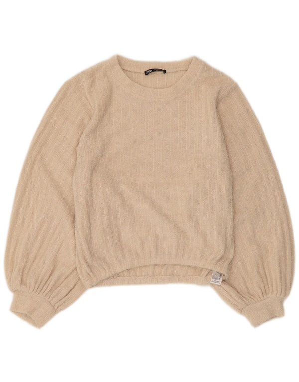 Zara Womens Crew Neck Jumper Sweater UK 10 Small Beige Striped Polyester