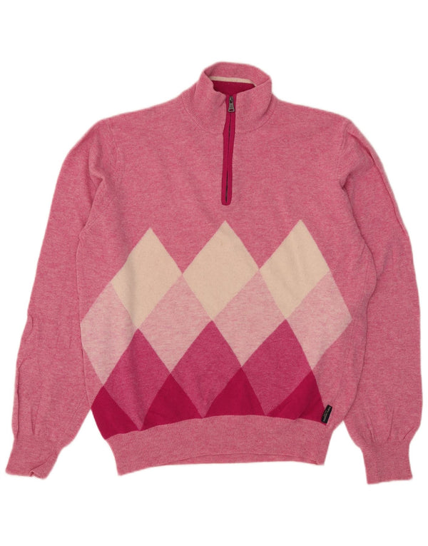 Marina Yachting Herre Zip Neck Jumper Sweater Large Pink Argyle/Diamond