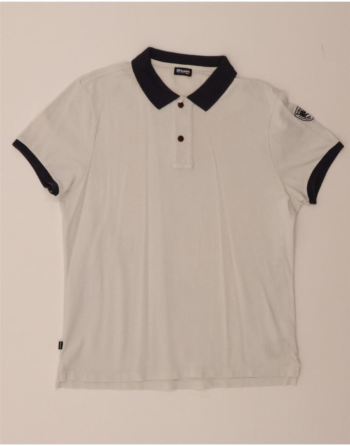 BLAUER Mens Graphic Polo Shirt Medium White Vintage Blauer and Second-Hand Blauer from Messina Hembry 